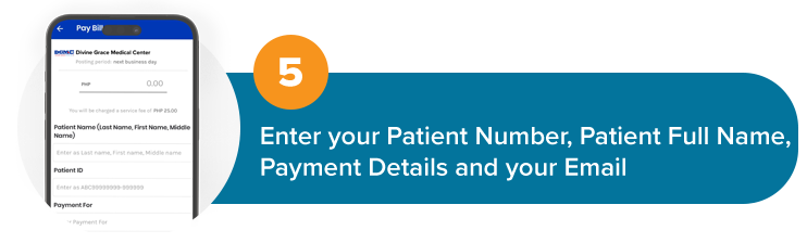 5. Enter your Patient Number, Patient Full Name, Payment Details and your Email